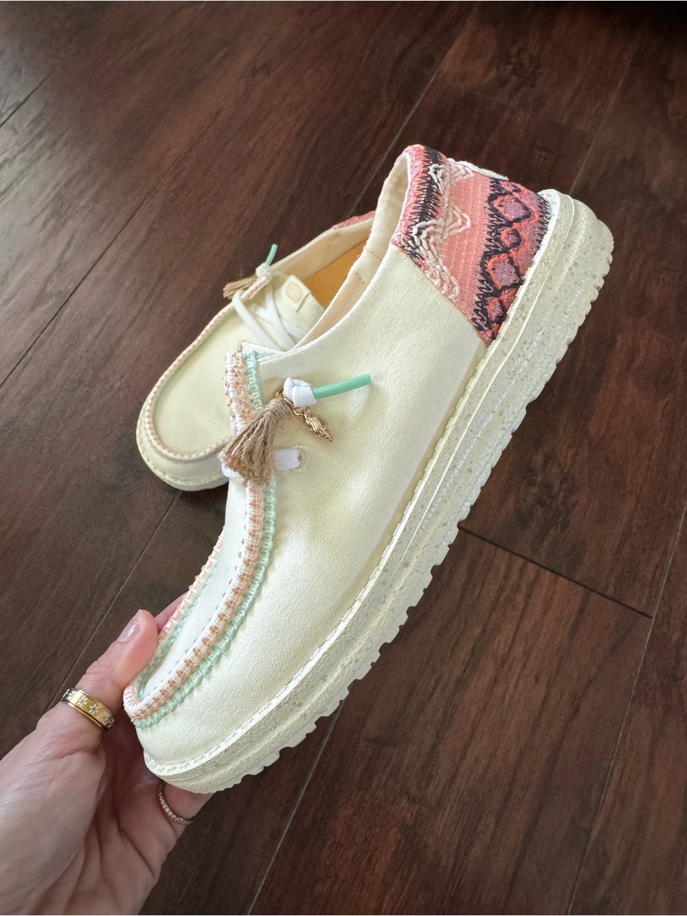 Hey Dude Cream Canvas Slip-Ons with Coral Heel and Mint Trim - Picture 2 of 6